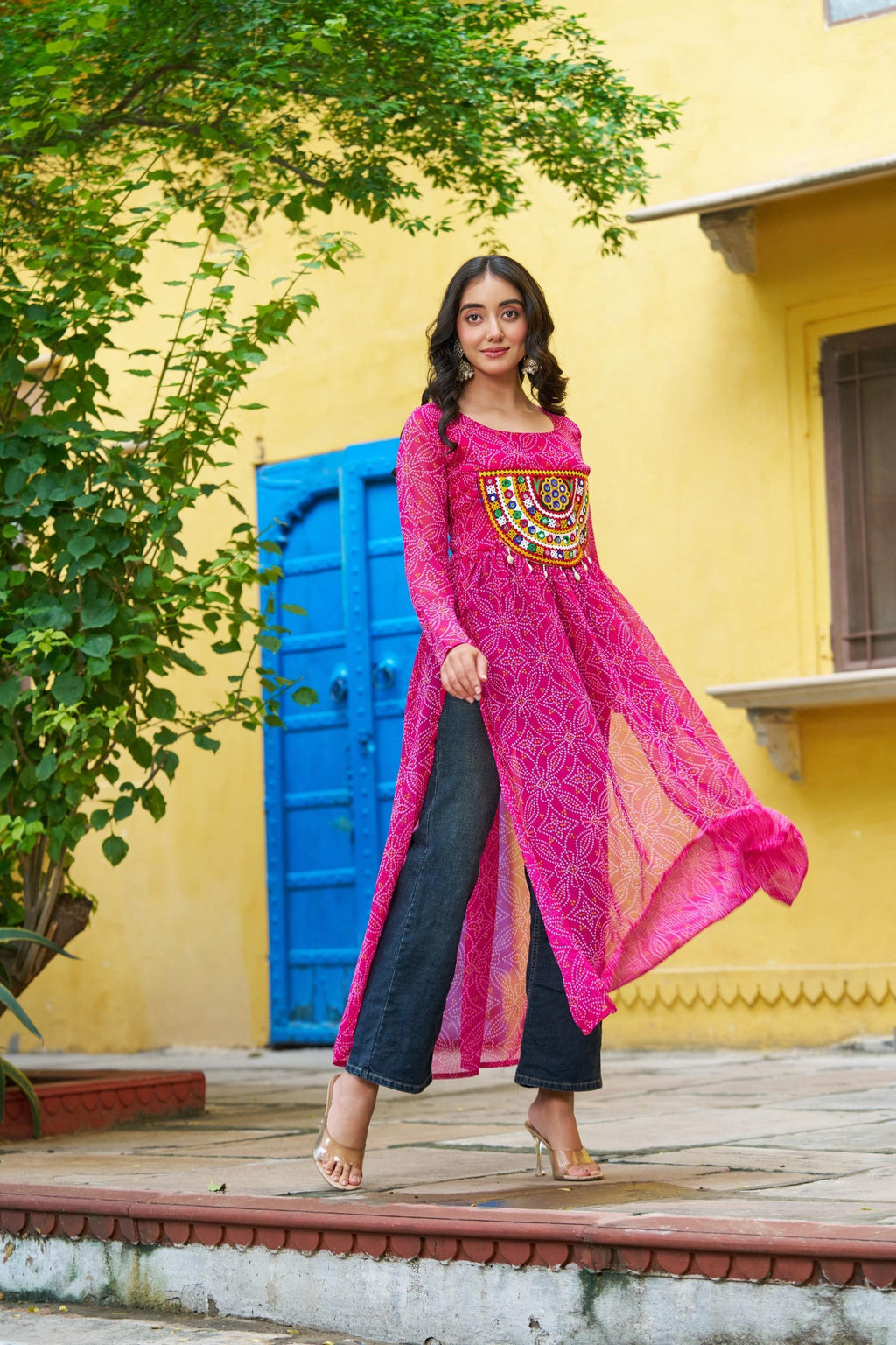 Prazu Fashion Pink Georgette Bandhej Print With Kutchi Patchwork Kurti For Navratri | Grocsy