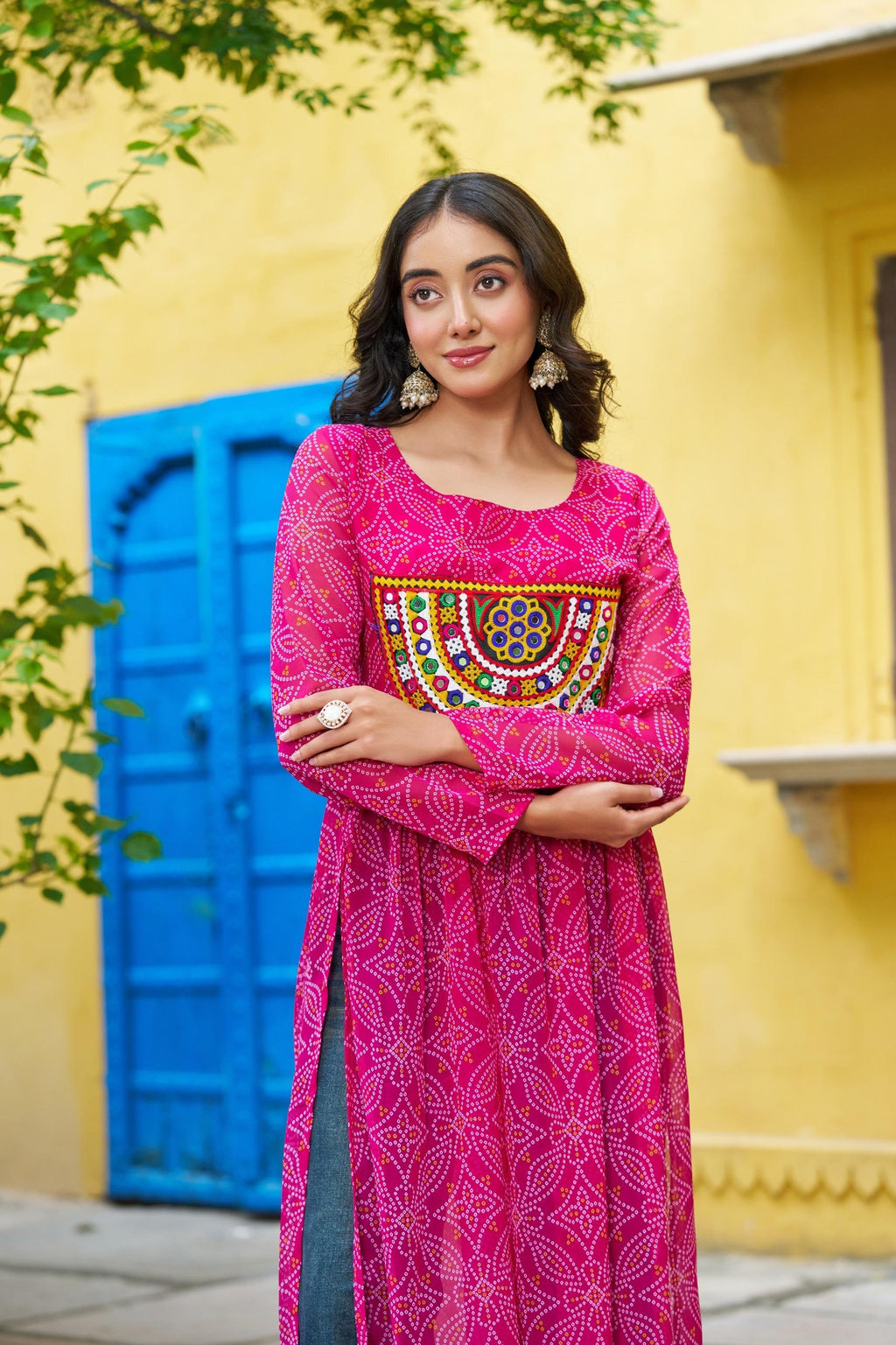 Prazu Fashion Pink Georgette Bandhej Print With Kutchi Patchwork Kurti For Navratri | Grocsy