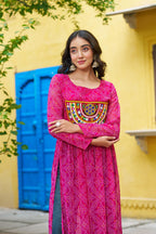 Prazu Fashion Pink Georgette Bandhej Print With Kutchi Patchwork Kurti For Navratri | Grocsy