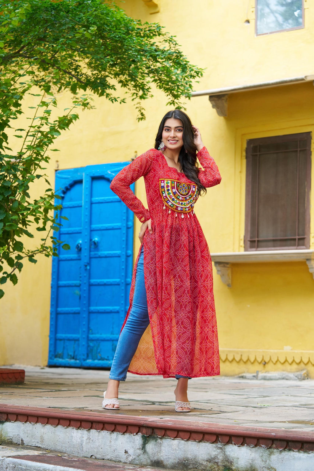 Prazu Fashion Red Georgette Bandhej Print With Kutchi Patchwork Kurti For Navratri | Grocsy