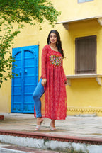 Prazu Fashion Red Georgette Bandhej Print With Kutchi Patchwork Kurti For Navratri | Grocsy
