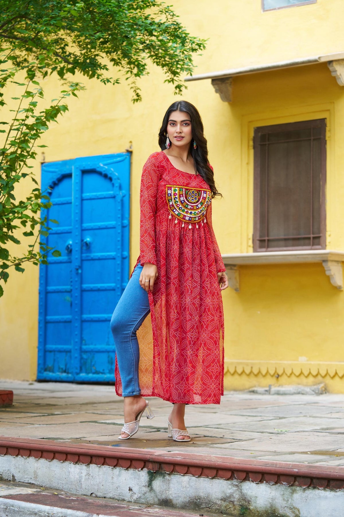 Prazu Fashion Red Georgette Bandhej Print With Kutchi Patchwork Kurti For Navratri | Grocsy