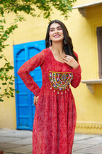 Prazu Fashion Red Georgette Bandhej Print With Kutchi Patchwork Kurti For Navratri | Grocsy