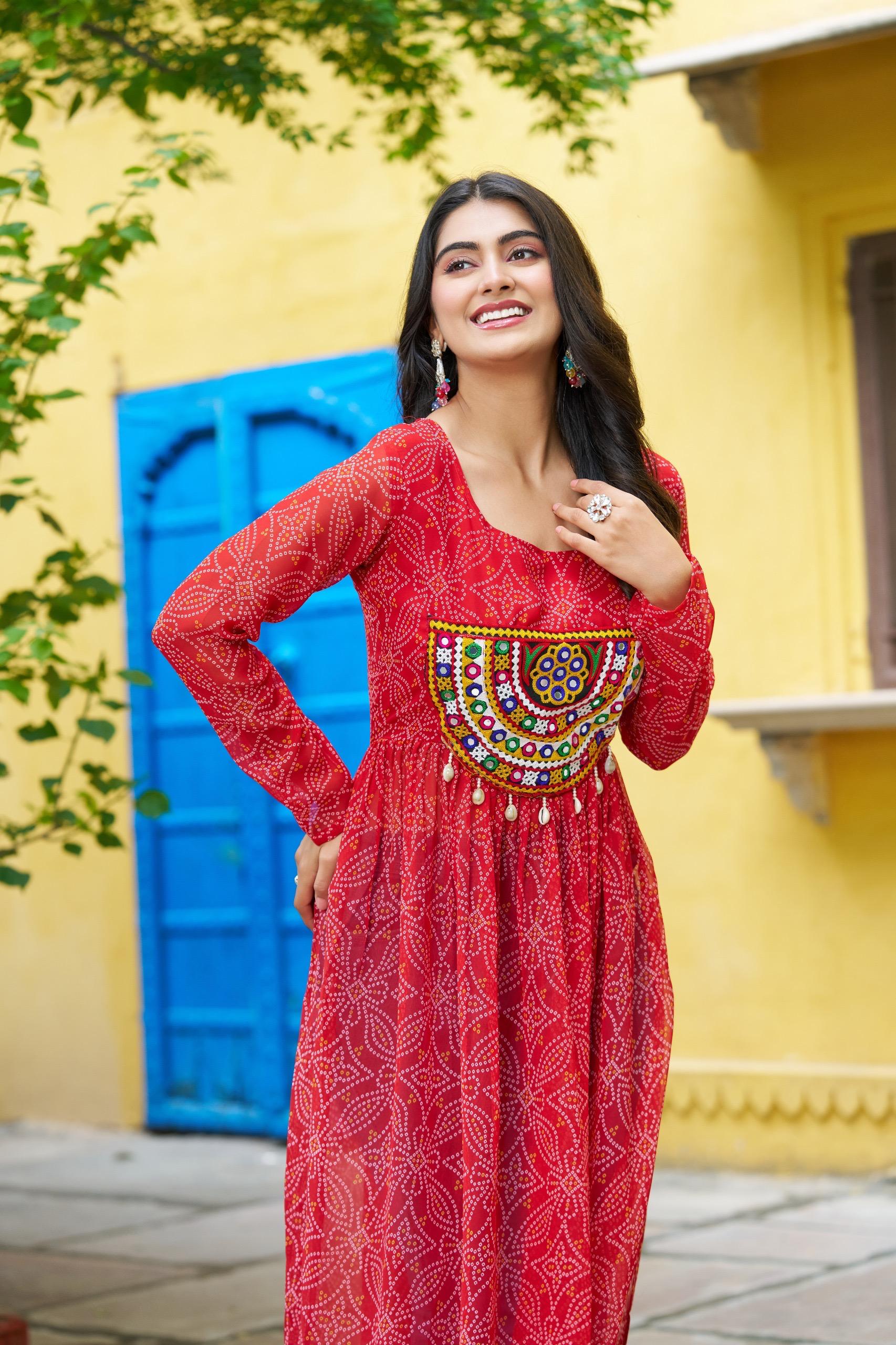 Prazu Fashion Red Georgette Bandhej Print With Kutchi Patchwork Kurti For Navratri | Grocsy