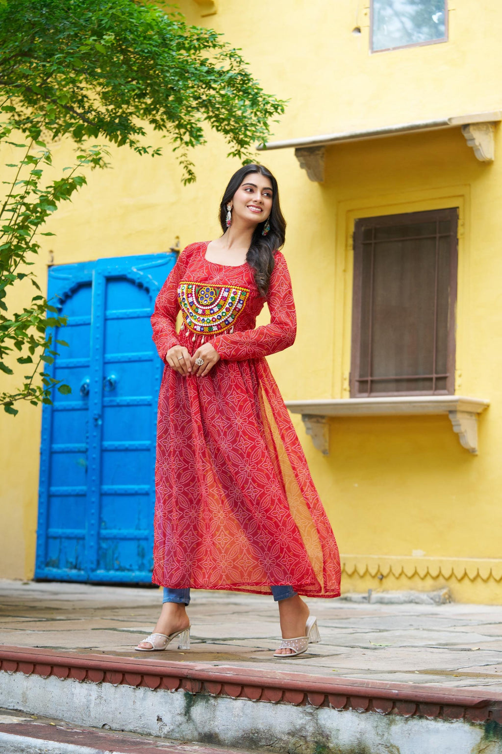 Prazu Fashion Red Georgette Bandhej Print With Kutchi Patchwork Kurti For Navratri | Grocsy