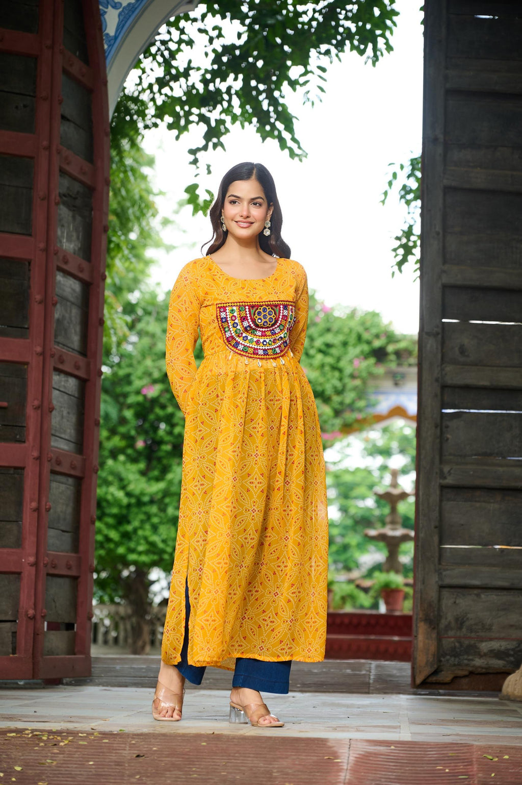 Prazu Fashion Yellow Georgette Bandhej Print With Kutchi Patchwork Kurti For Navratri | Grocsy