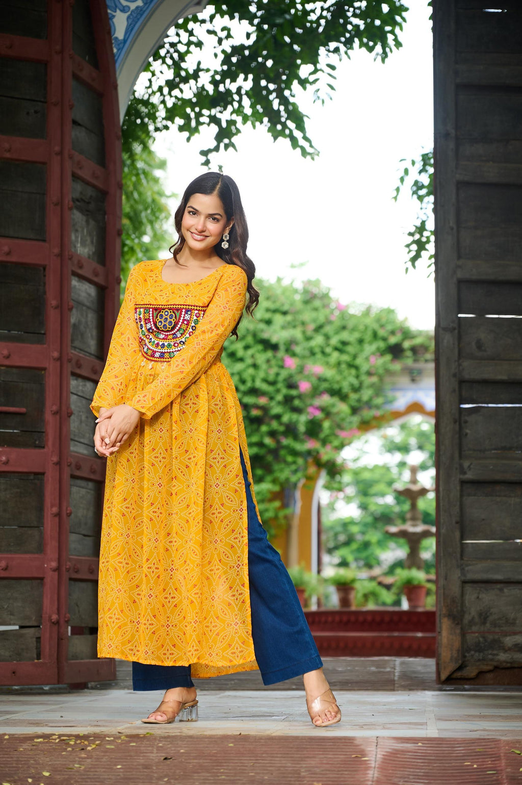 Prazu Fashion Yellow Georgette Bandhej Print With Kutchi Patchwork Kurti For Navratri | Grocsy