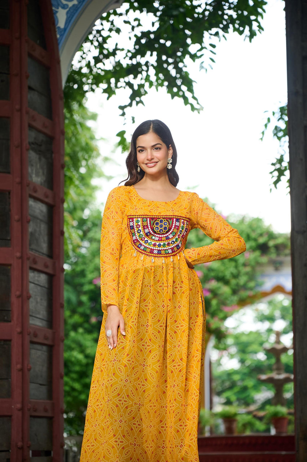 Prazu Fashion Yellow Georgette Bandhej Print With Kutchi Patchwork Kurti For Navratri | Grocsy