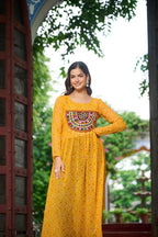 Prazu Fashion Yellow Georgette Bandhej Print With Kutchi Patchwork Kurti For Navratri | Grocsy