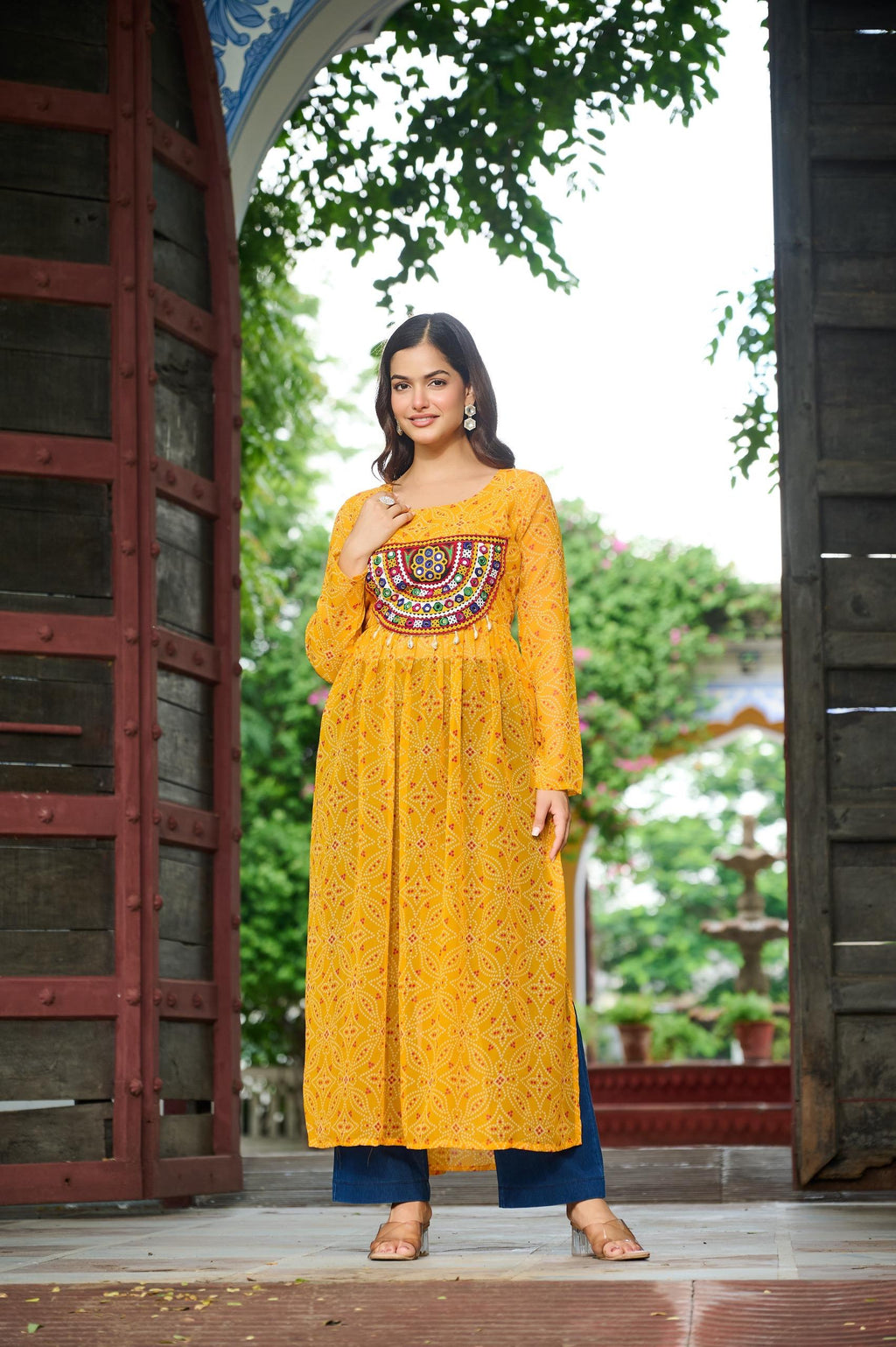 Prazu Fashion Yellow Georgette Bandhej Print With Kutchi Patchwork Kurti For Navratri | Grocsy