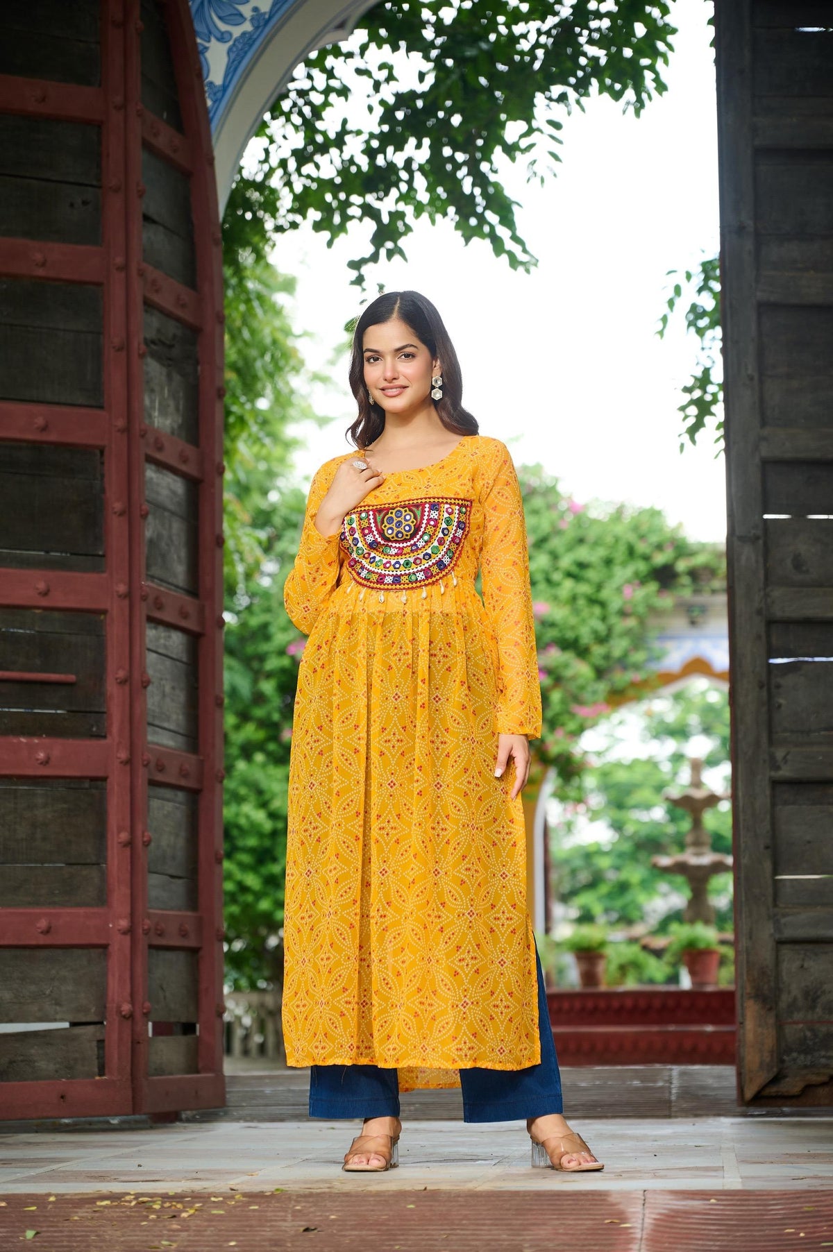 Prazu Fashion Yellow Georgette Bandhej Print With Kutchi Patchwork Kurti For Navratri | Grocsy