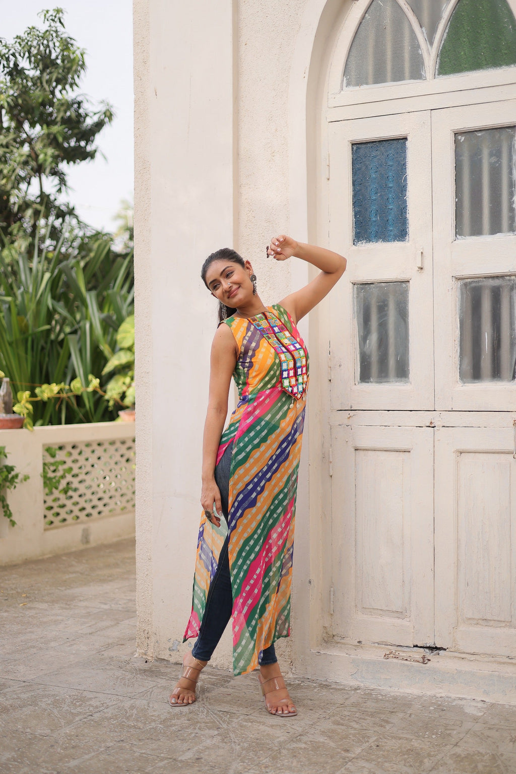 Prazu Fashion Multi Georgette Kutchi Gamthi Mirror Codi Work Kurti For Navratri | Grocsy