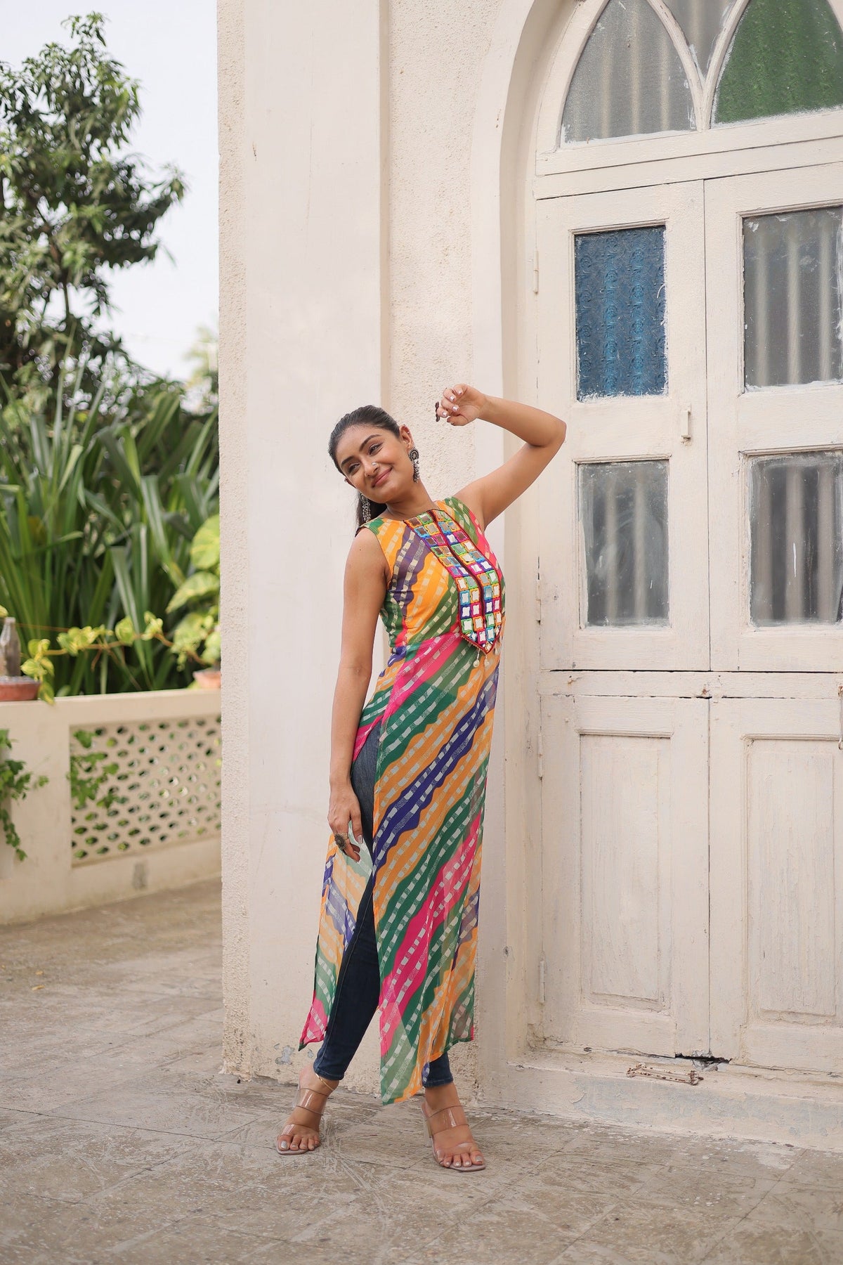 Prazu Fashion Multi Georgette Kutchi Gamthi Mirror Codi Work Kurti For Navratri | Grocsy