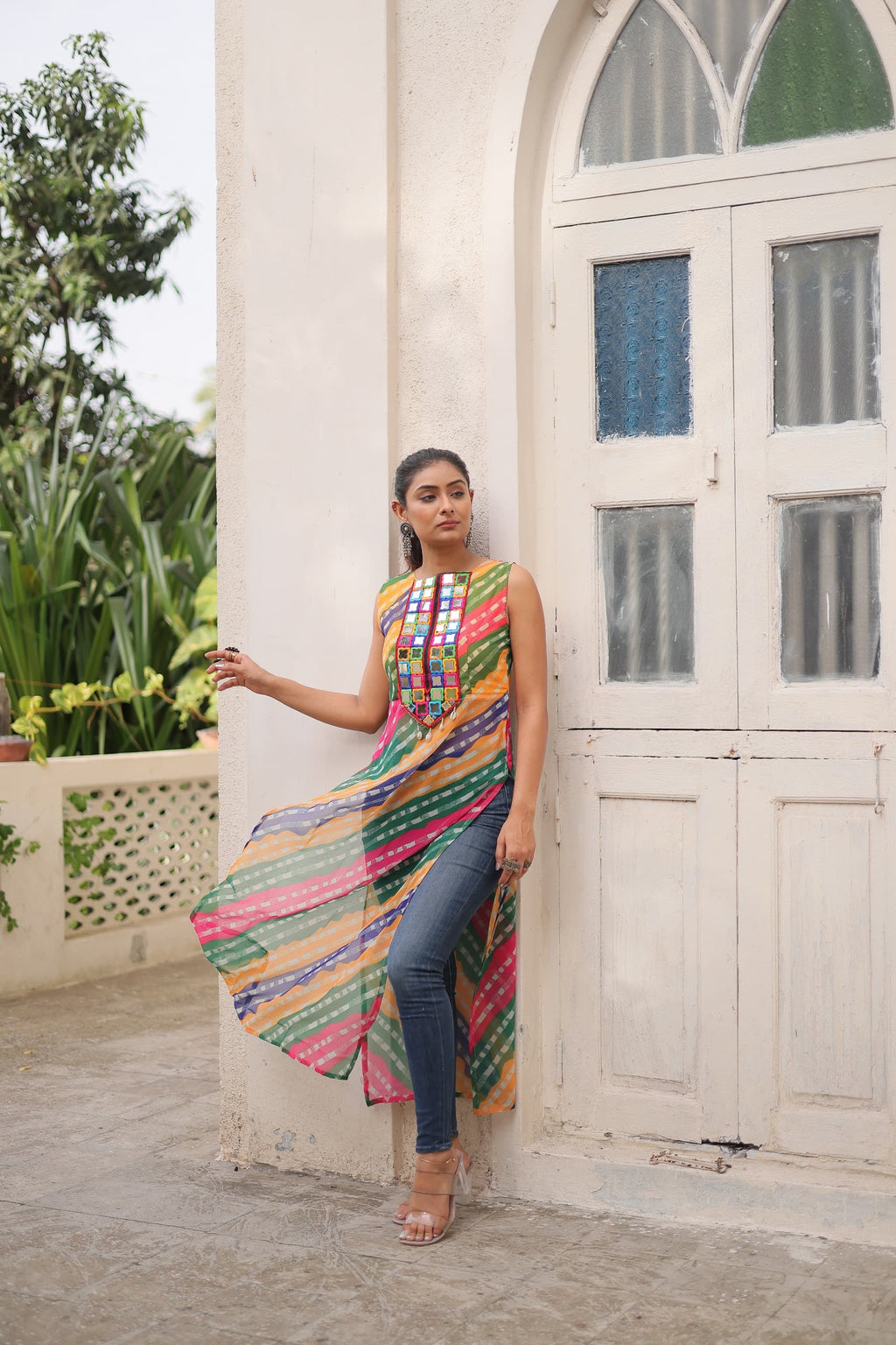 Prazu Fashion Multi Georgette Kutchi Gamthi Mirror Codi Work Kurti For Navratri | Grocsy