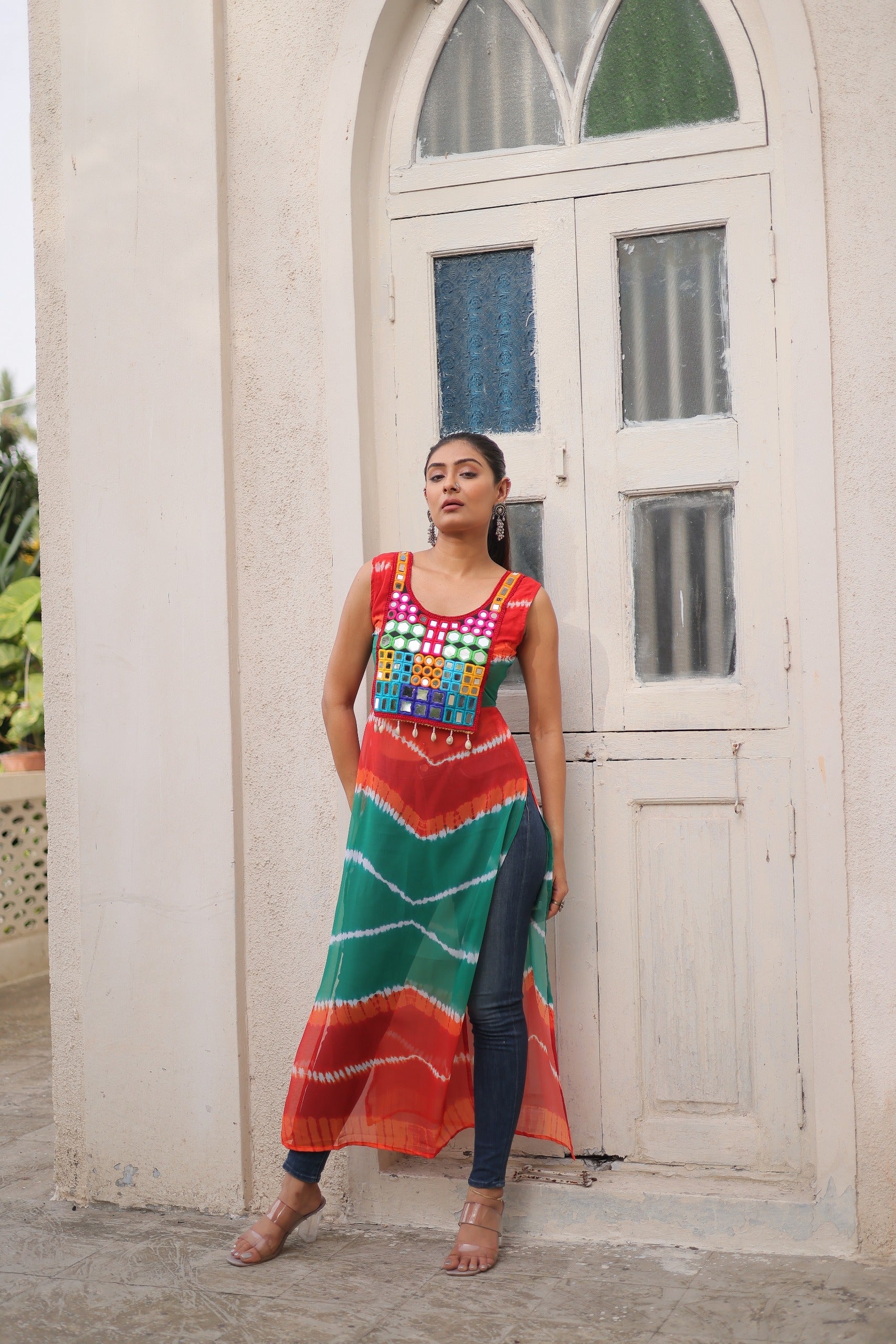 Prazu Fashion Orange Georgette Kutchi Gamthi Mirror Codi Work Kurti For Navratri | Grocsy