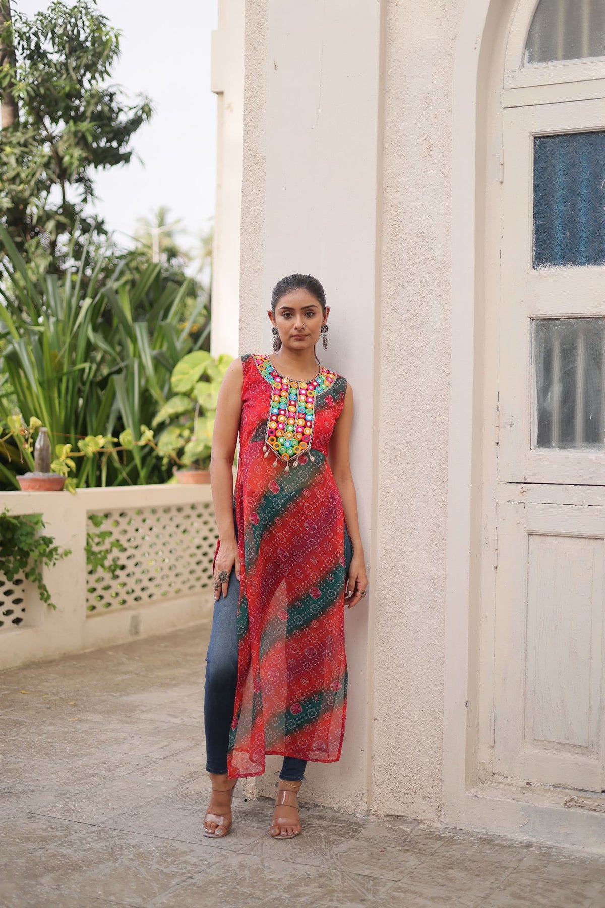 Prazu Fashion Red Georgette Kutchi Gamthi Mirror Codi Work Kurti For Navratri | Grocsy