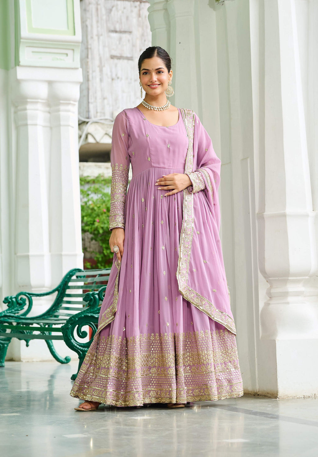Vedant Vastram Georgette Embroidery & Sequence Work Stitched Ethnic Gown-Pink | Grocsy