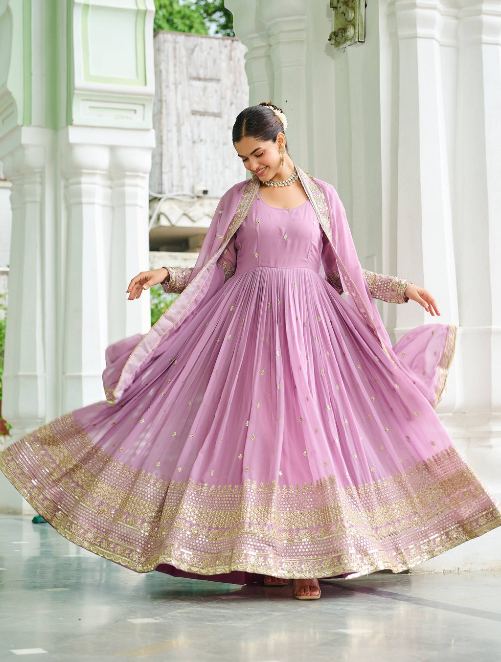 Vedant Vastram Georgette Embroidery & Sequence Work Stitched Ethnic Gown-Pink | Grocsy