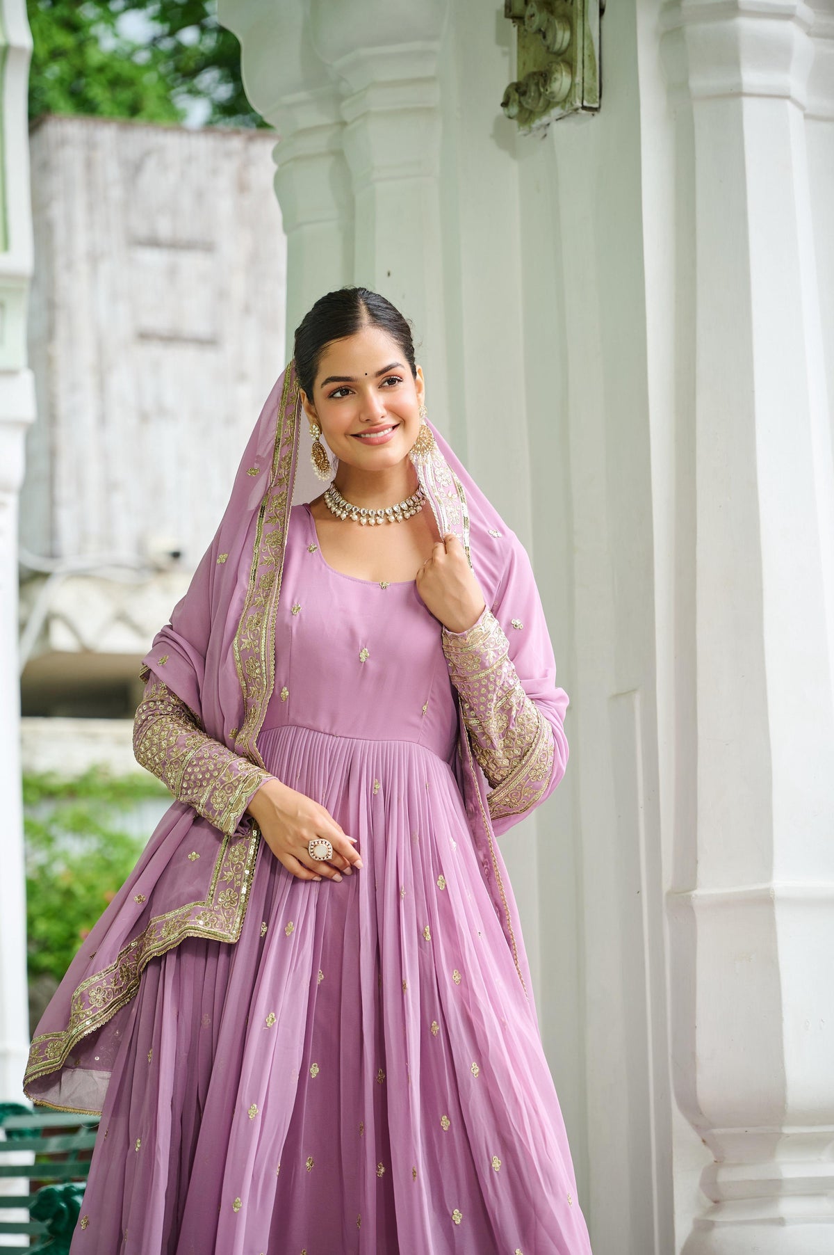 Vedant Vastram Georgette Embroidery & Sequence Work Stitched Ethnic Gown-Pink | Grocsy