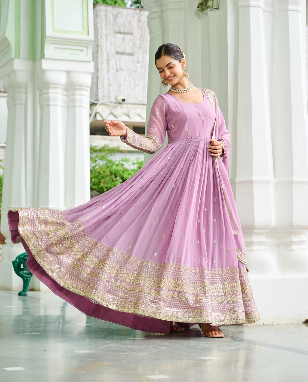 Vedant Vastram Georgette Embroidery & Sequence Work Stitched Ethnic Gown-Pink | Grocsy