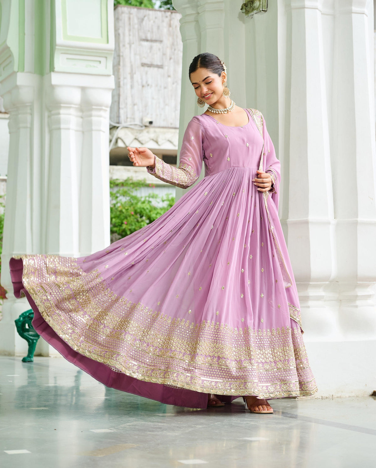 Vedant Vastram Georgette Embroidery & Sequence Work Stitched Ethnic Gown-Pink | Grocsy