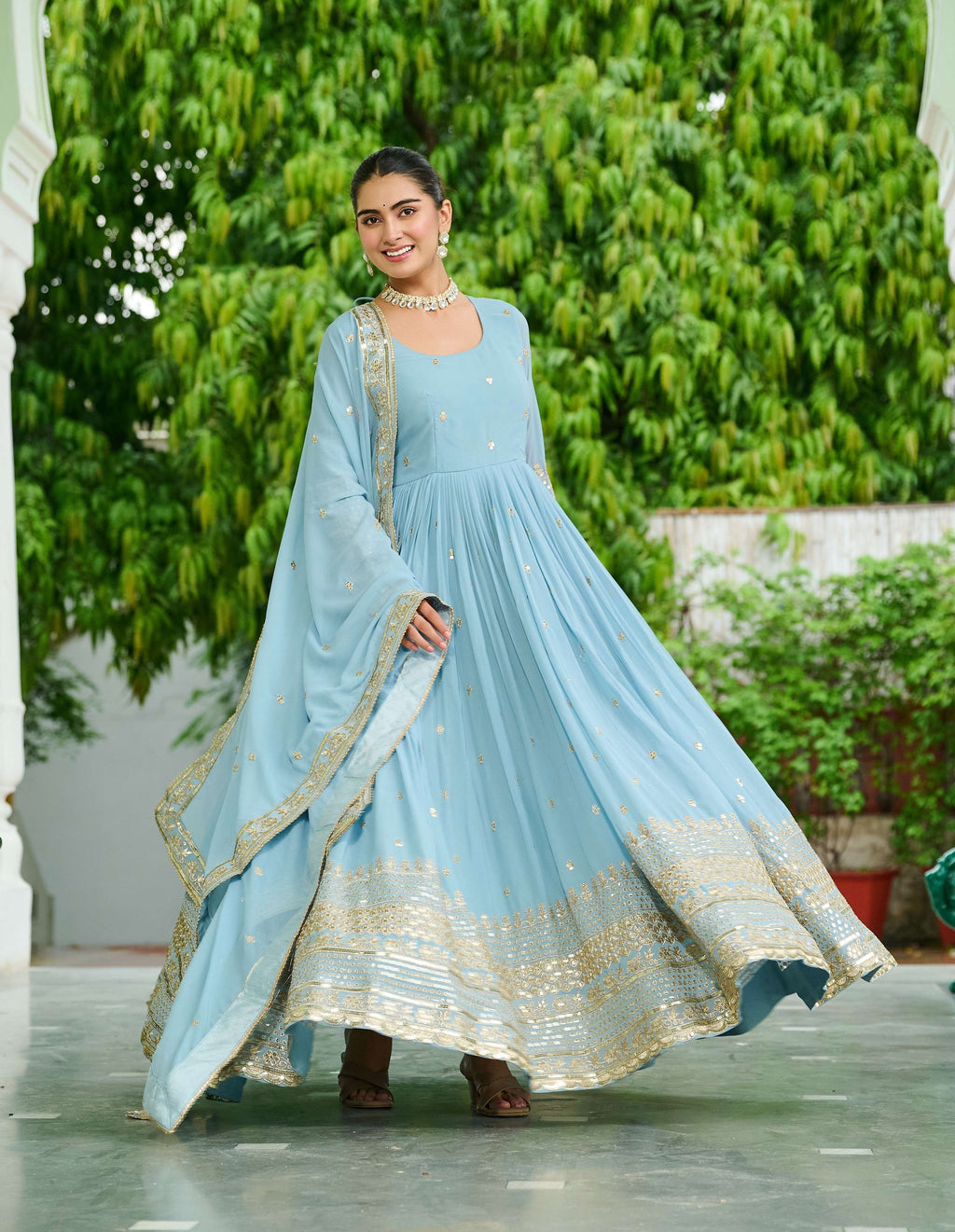 Vedant Vastram Georgette Embroidery & Sequence Work Stitched Ethnic Gown-Sky Blue | Grocsy