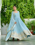 Vedant Vastram Georgette Embroidery & Sequence Work Stitched Ethnic Gown-Sky Blue | Grocsy