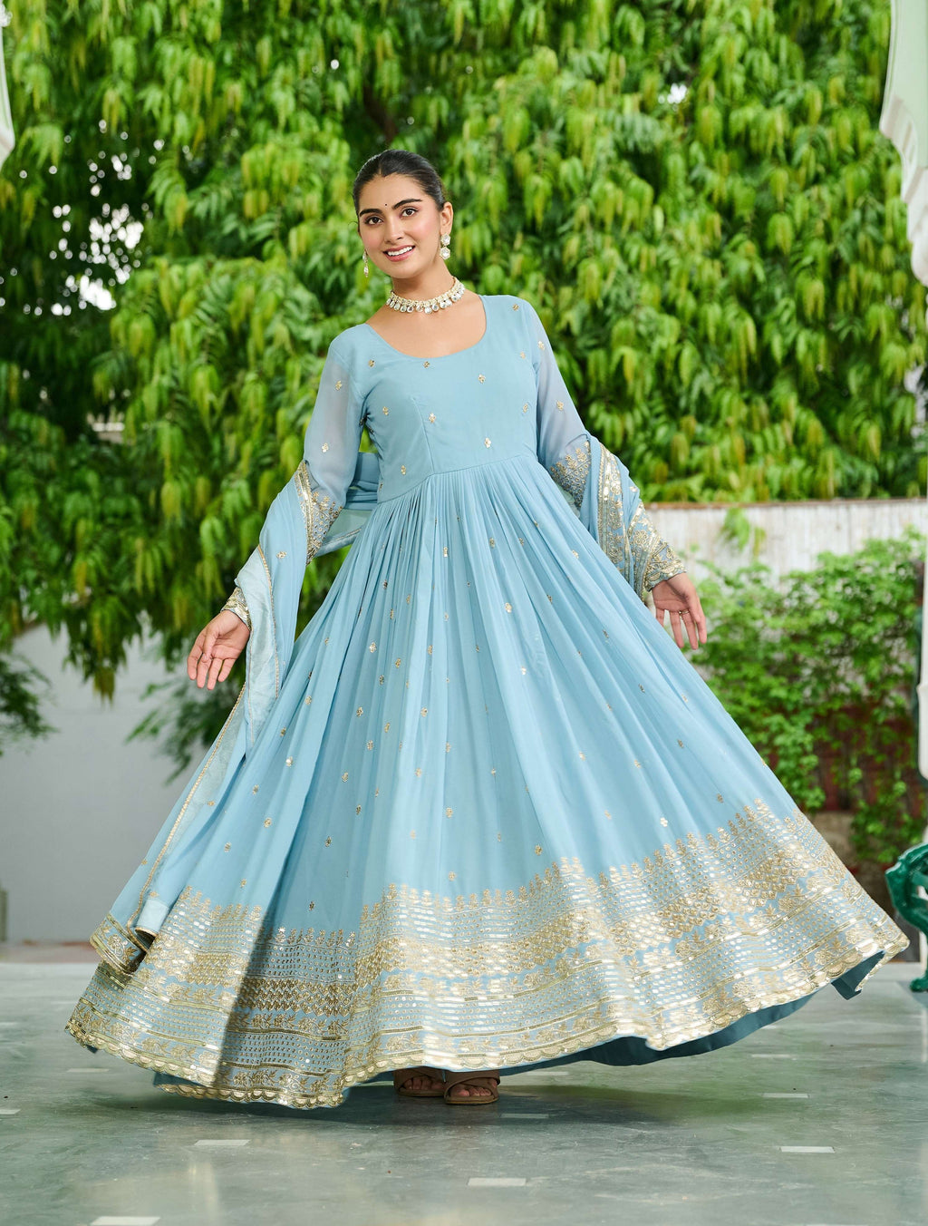 Vedant Vastram Georgette Embroidery & Sequence Work Stitched Ethnic Gown-Sky Blue | Grocsy