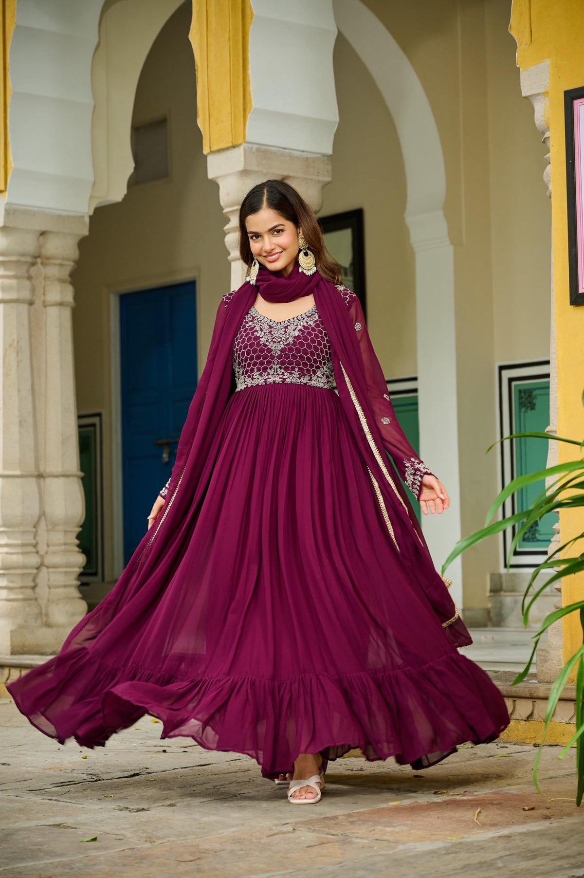Prazu Fashion Wine Faux Georgette With Beads Embroidery-Work Gown With Dupatta | Grocsy