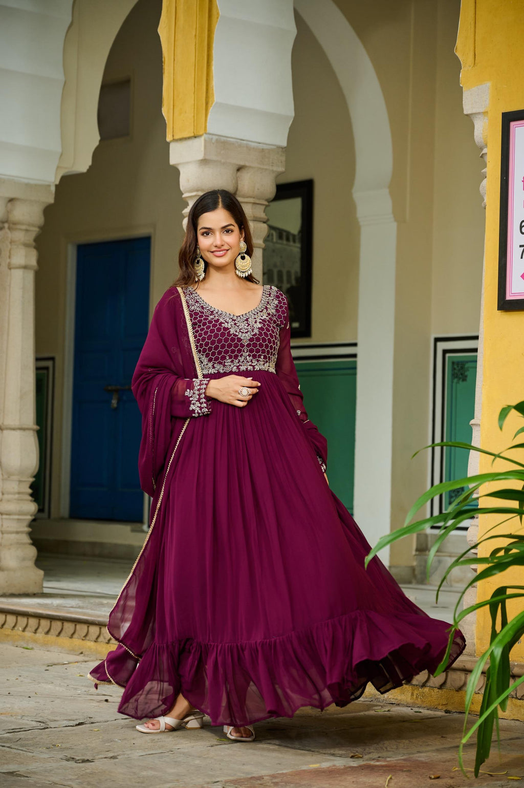 Prazu Fashion Wine Faux Georgette With Beads Embroidery-Work Gown With Dupatta | Grocsy