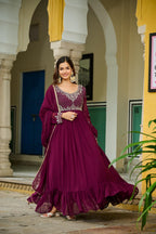 Prazu Fashion Wine Faux Georgette With Beads Embroidery-Work Gown With Dupatta | Grocsy