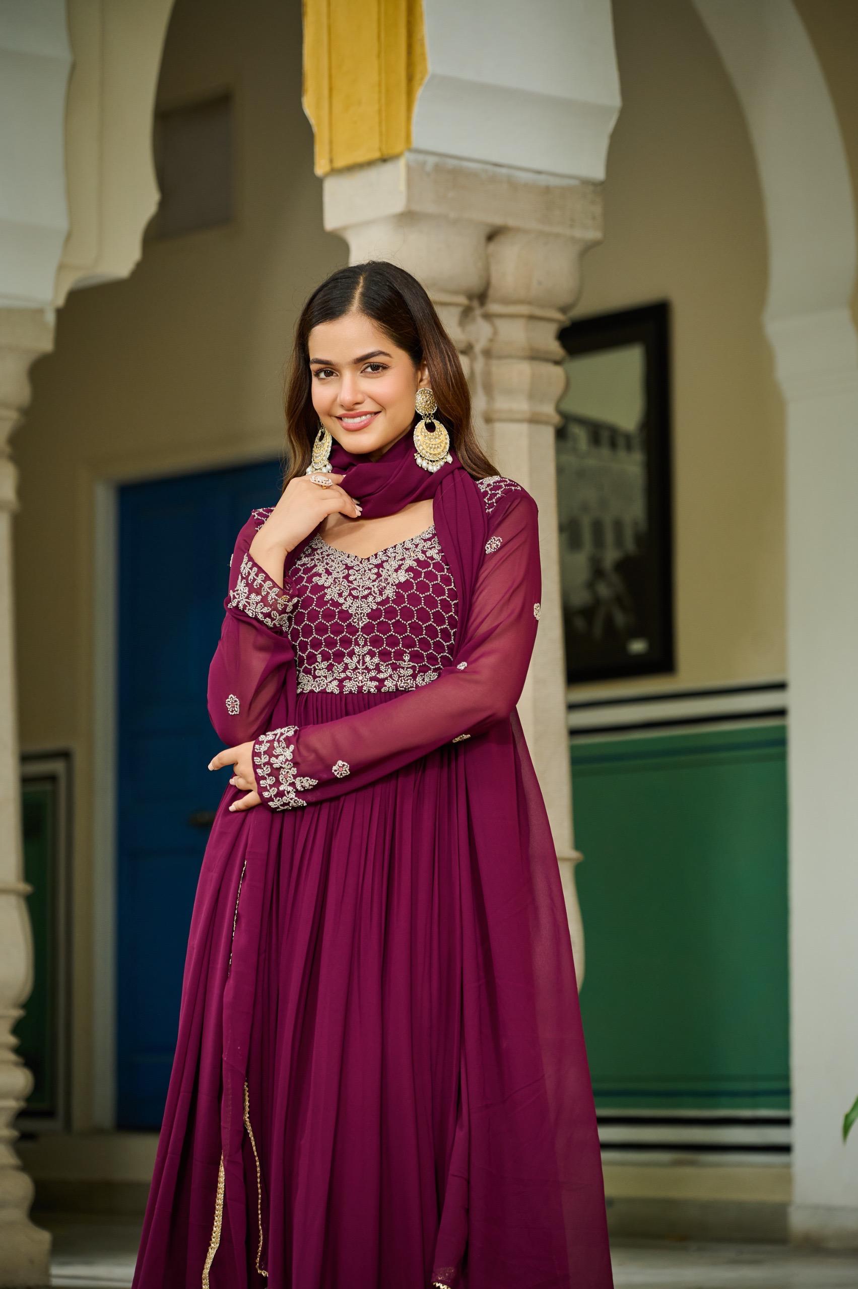 Prazu Fashion Wine Faux Georgette With Beads Embroidery-Work Gown With Dupatta | Grocsy