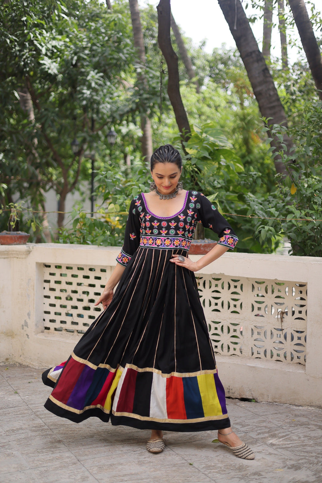 Prazu Fashion Black Roman Multicolour Thread Work & Gota Lace Gown For Navratri | Grocsy
