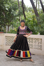 Prazu Fashion Black Roman Multicolour Thread Work & Gota Lace Gown For Navratri | Grocsy