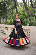 Prazu Fashion Black Roman Multicolour Thread Work & Gota Lace Gown For Navratri | Grocsy