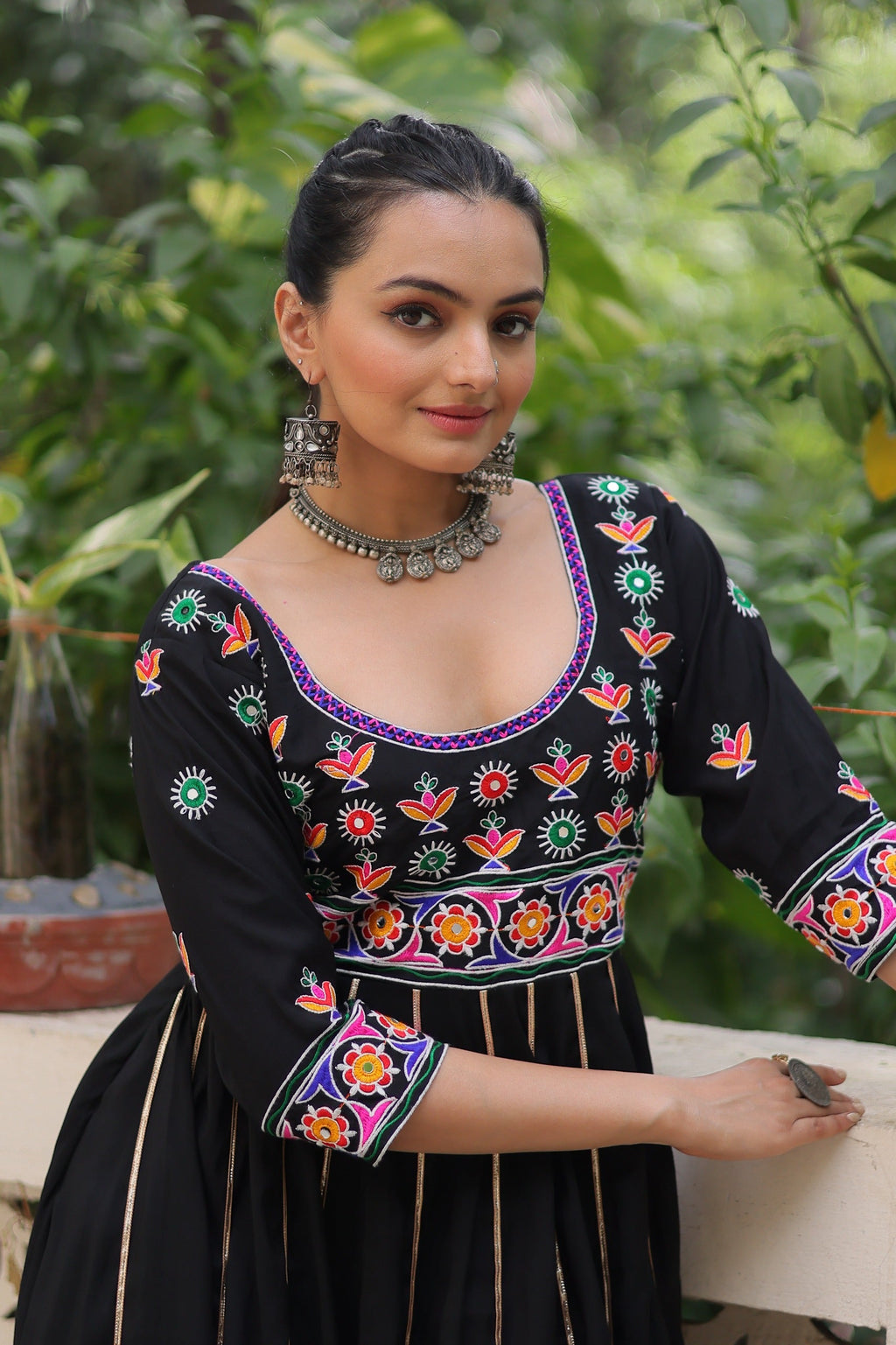 Prazu Fashion Black Roman Multicolour Thread Work & Gota Lace Gown For Navratri | Grocsy