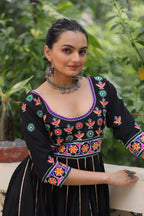 Prazu Fashion Black Roman Multicolour Thread Work & Gota Lace Gown For Navratri | Grocsy