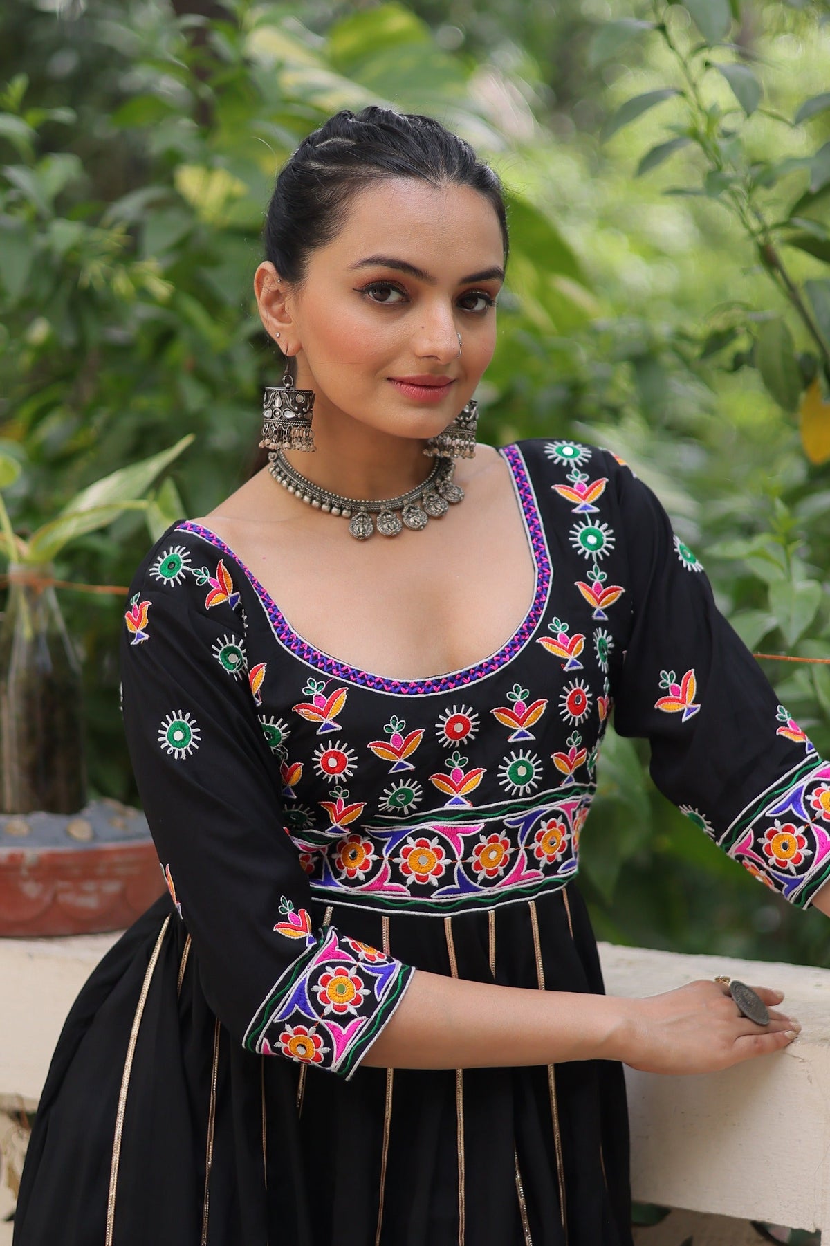 Prazu Fashion Black Roman Multicolour Thread Work & Gota Lace Gown For Navratri | Grocsy