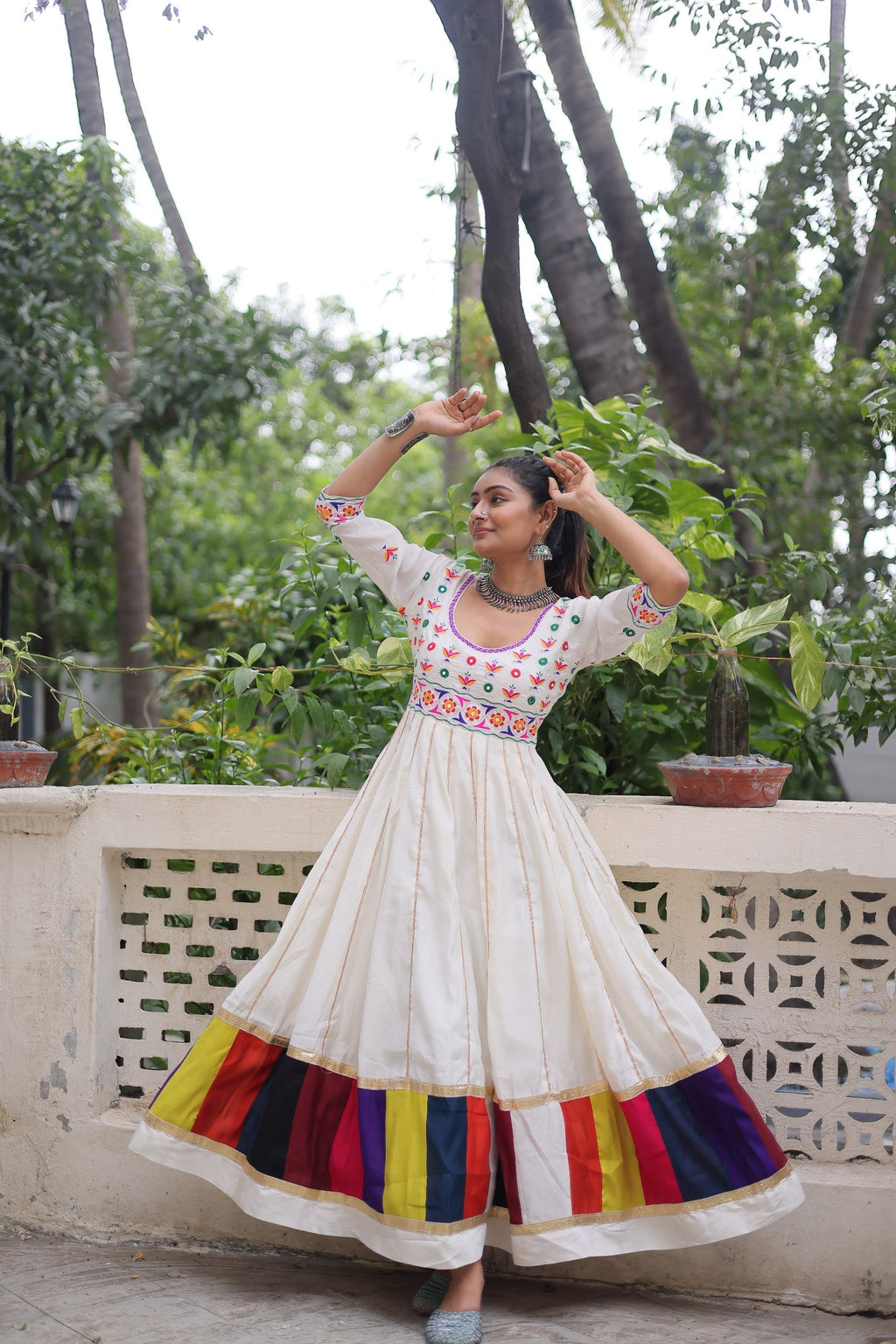 Prazu Fashion Off White Roman Multicolour Thread Work & Gota Lace Gown For Navratri | Grocsy