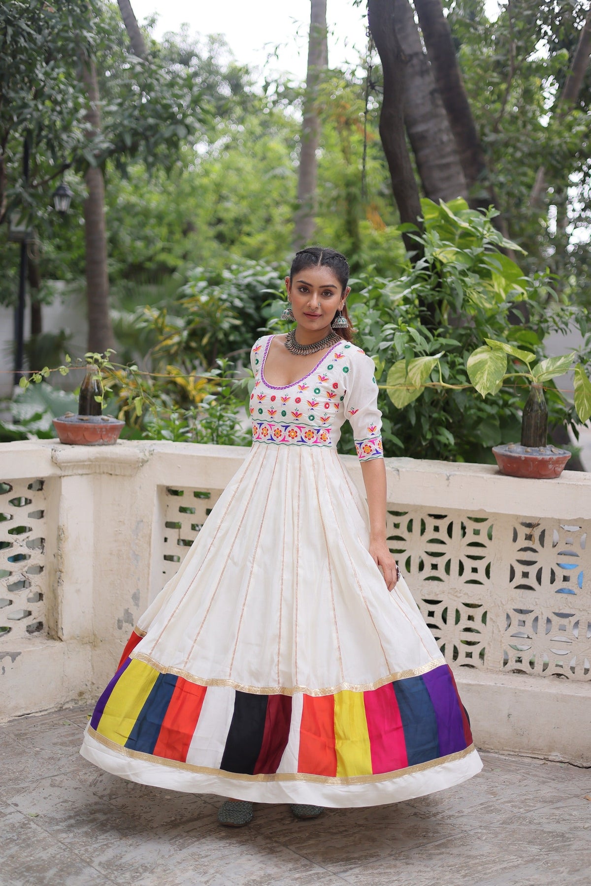 Prazu Fashion Off White Roman Multicolour Thread Work & Gota Lace Gown For Navratri | Grocsy