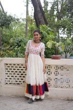 Prazu Fashion Off White Roman Multicolour Thread Work & Gota Lace Gown For Navratri | Grocsy