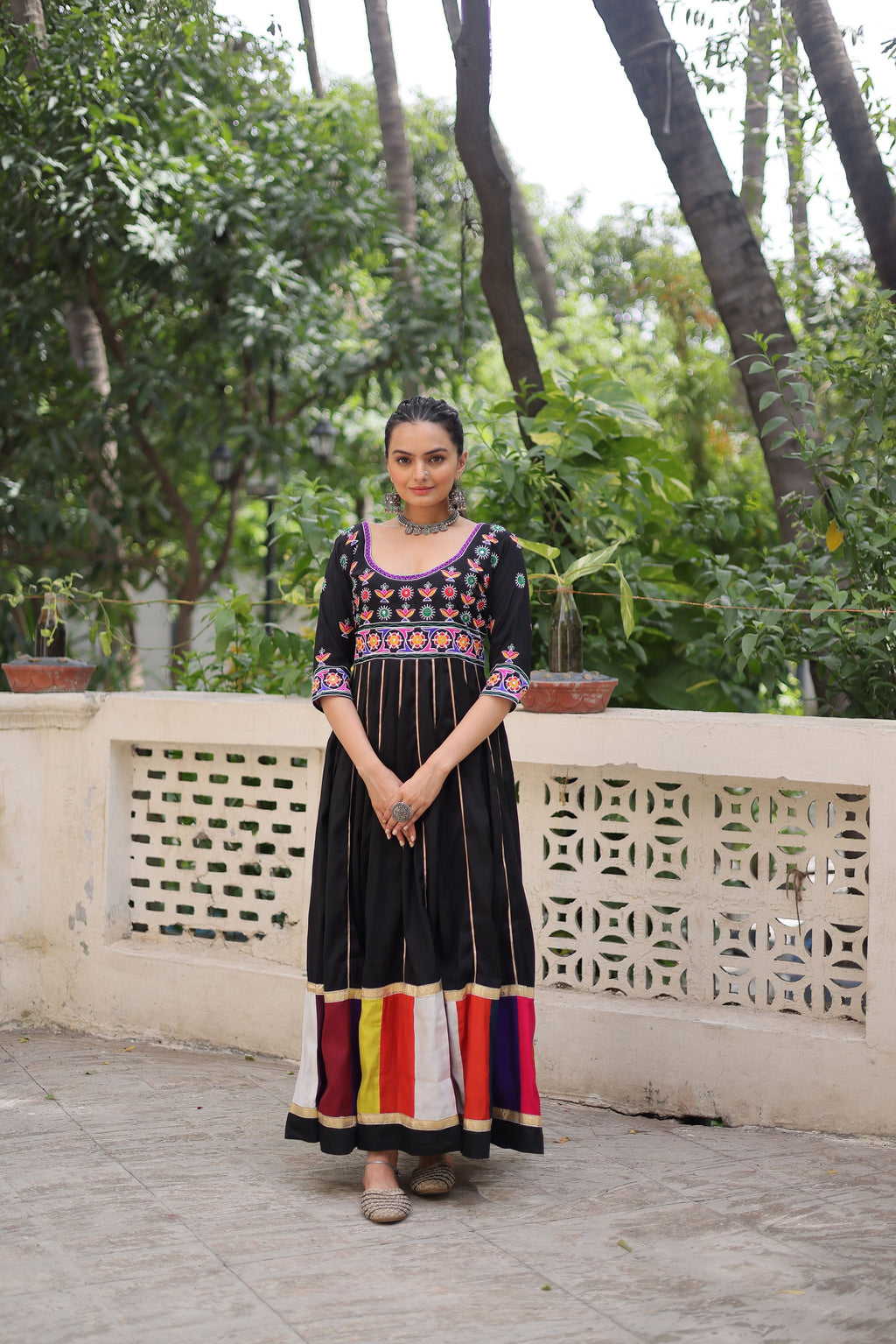 Lorenvalley Fashion Black Roman Silk with Thread work & Gota Lace embellished Work Gown | Grocsy