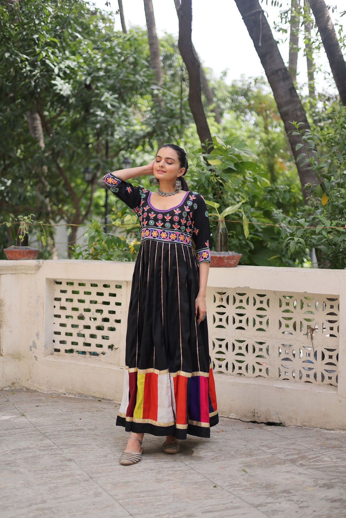 Lorenvalley Fashion Black Roman Silk with Thread work & Gota Lace embellished Work Gown | Grocsy