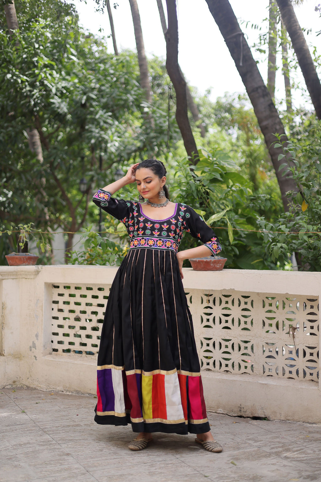 Lorenvalley Fashion Black Roman Silk with Thread work & Gota Lace embellished Work Gown | Grocsy