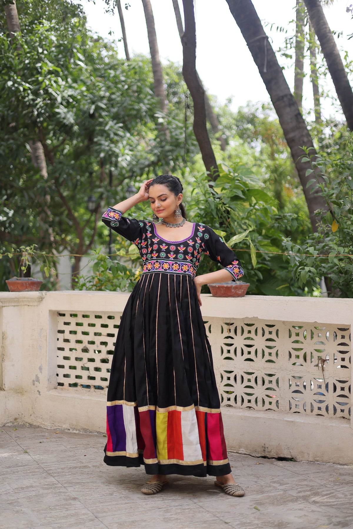 Lorenvalley Fashion Black Roman Silk with Thread work & Gota Lace embellished Work Gown | Grocsy