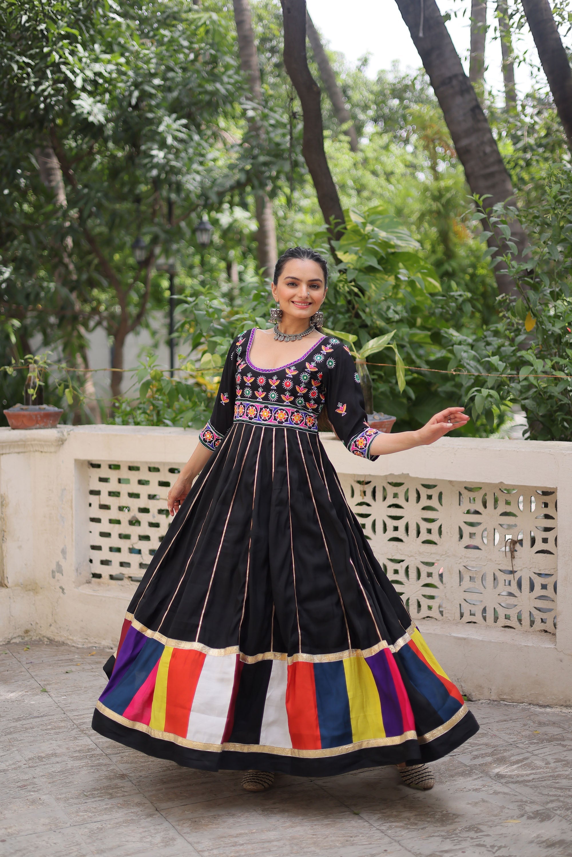 Lorenvalley Fashion Black Roman Silk with Thread work & Gota Lace embellished Work Gown | Grocsy