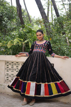 Lorenvalley Fashion Black Roman Silk with Thread work & Gota Lace embellished Work Gown | Grocsy