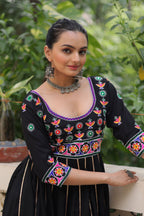 Lorenvalley Fashion Black Roman Silk with Thread work & Gota Lace embellished Work Gown | Grocsy