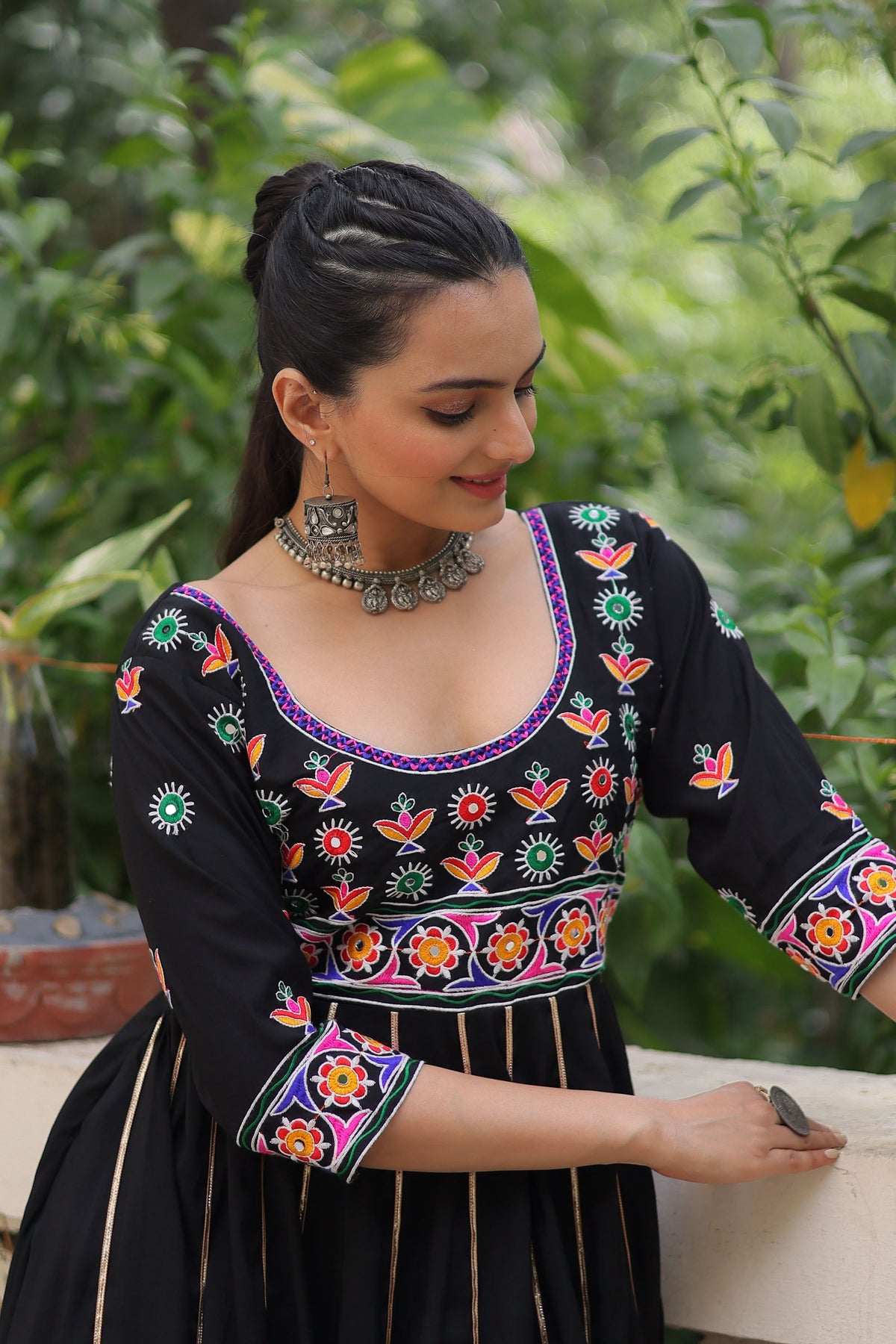 Lorenvalley Fashion Black Roman Silk with Thread work & Gota Lace embellished Work Gown | Grocsy