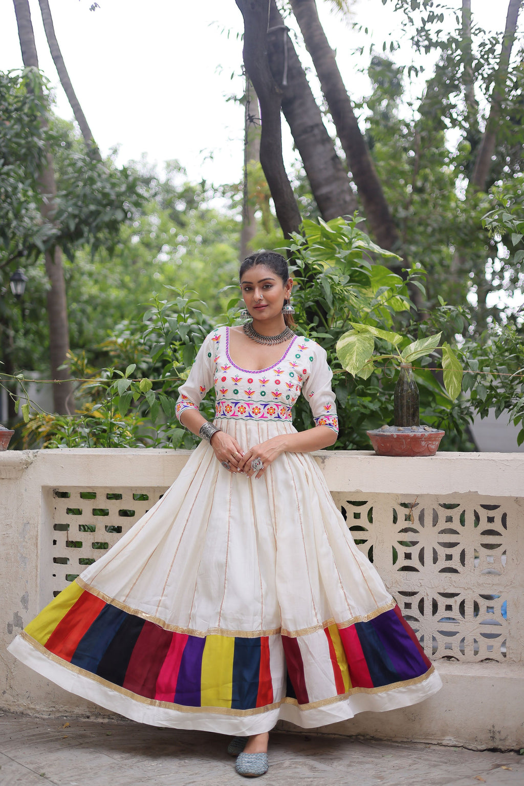 Lorenvalley Fashion White Roman Silk with Thread work & Gota Lace embellished Work Gown | Grocsy